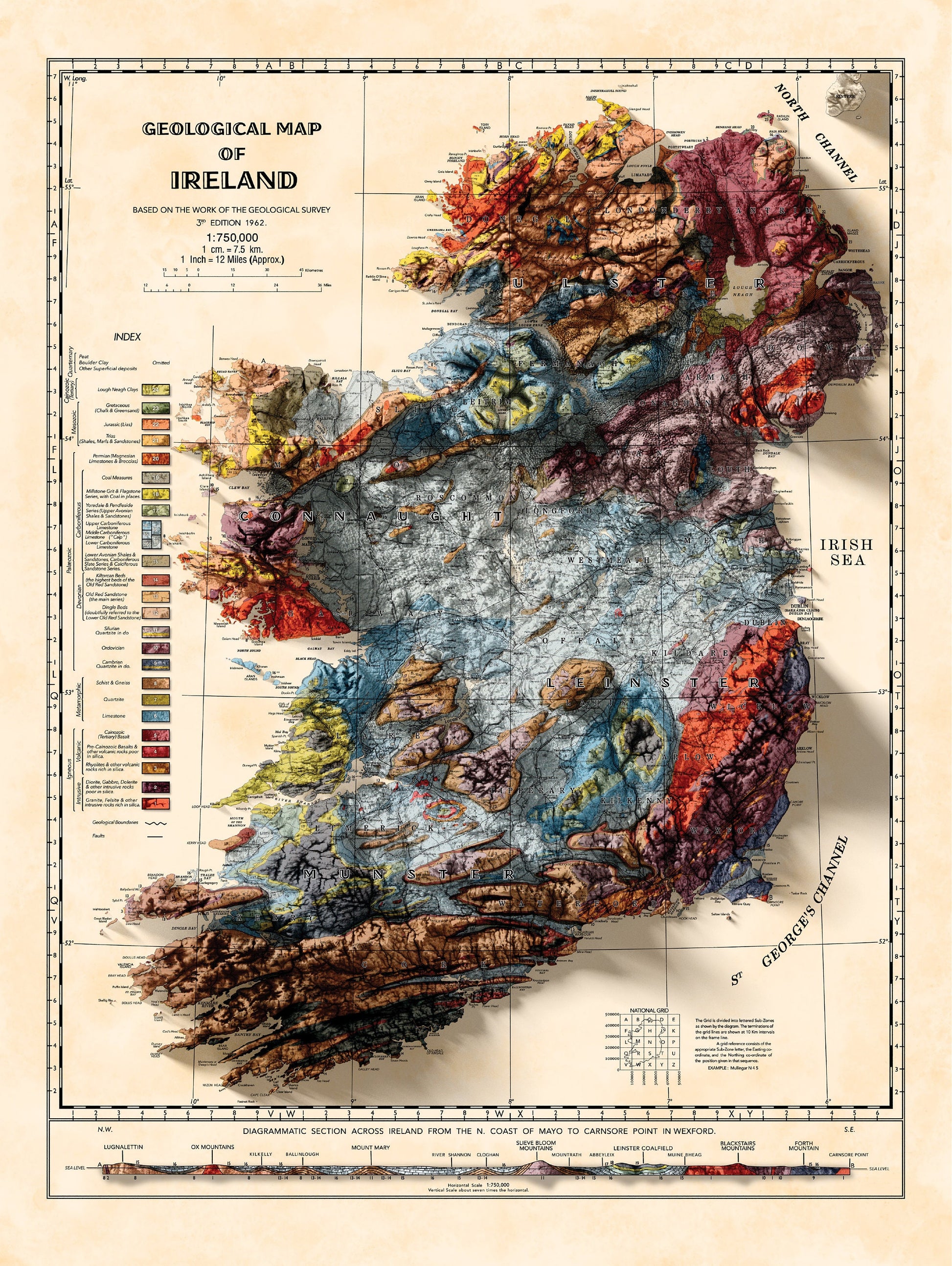 Ireland Map - Vintage Ireland Topo Map - Geological Print, Dublin, Limerick, Ulster, Connaught, Munster,Leinster
