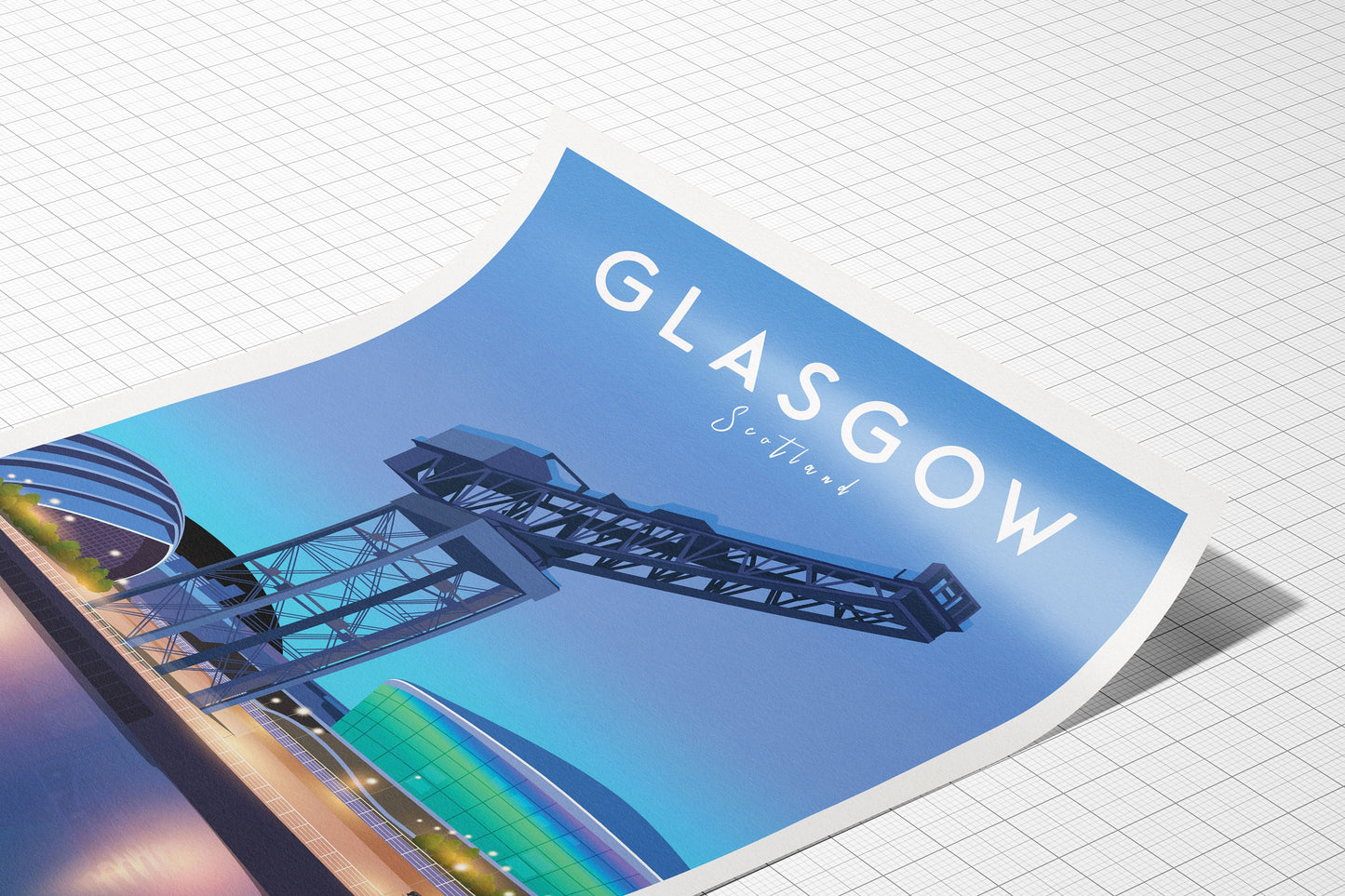 Glasgow Finnieston Travel Poster - Glasgow Print - Scottish Wall Art - Historical Landmark - Crane - SEC Armadillo - The Clyde Auditorium