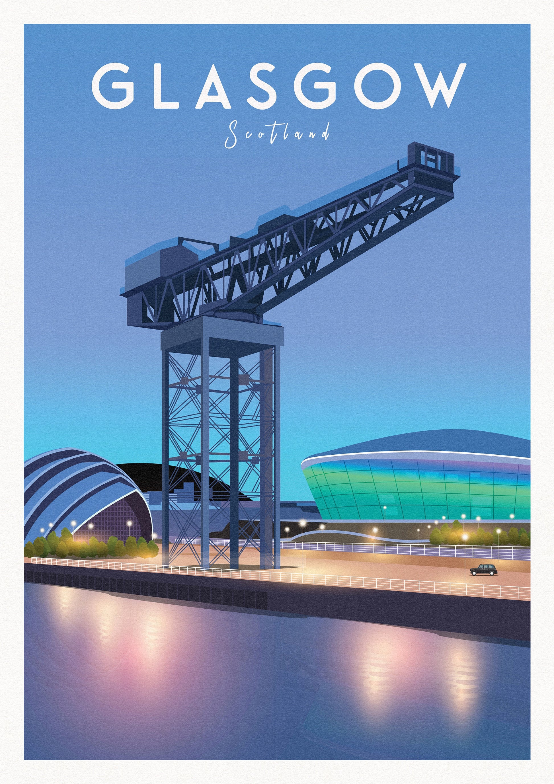 Glasgow Finnieston Travel Poster - Glasgow Print - Scottish Wall Art - Historical Landmark - Crane - SEC Armadillo - The Clyde Auditorium