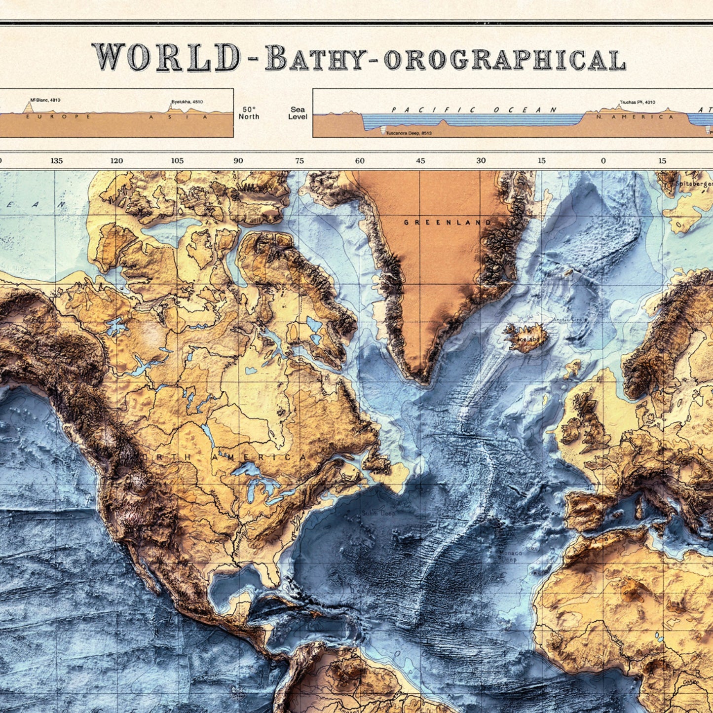 World Bathymetry - Shaded Relief Map - Detailed Topography - Vintage Poster - World Topography including Ocean Floor - Wall Art Print