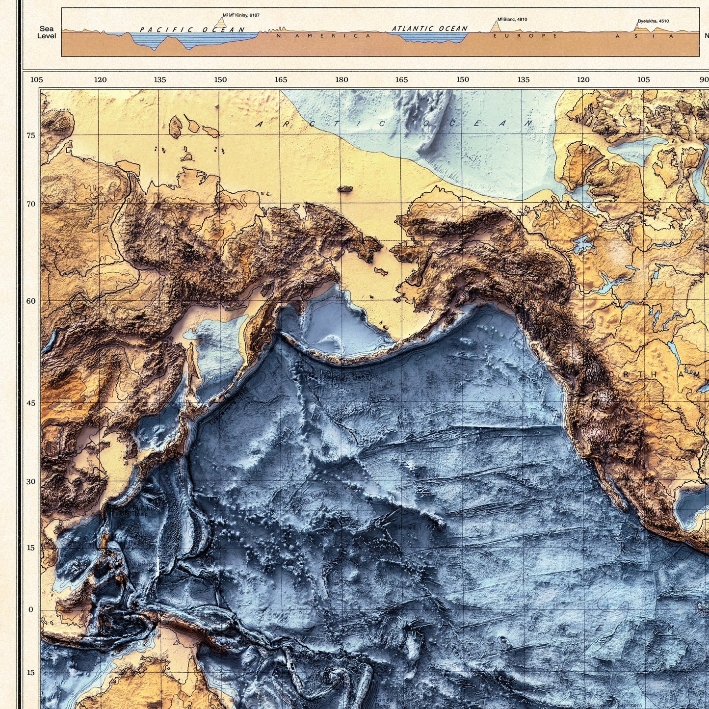 World Bathymetry - Shaded Relief Map - Detailed Topography - Vintage Poster - World Topography including Ocean Floor - Wall Art Print