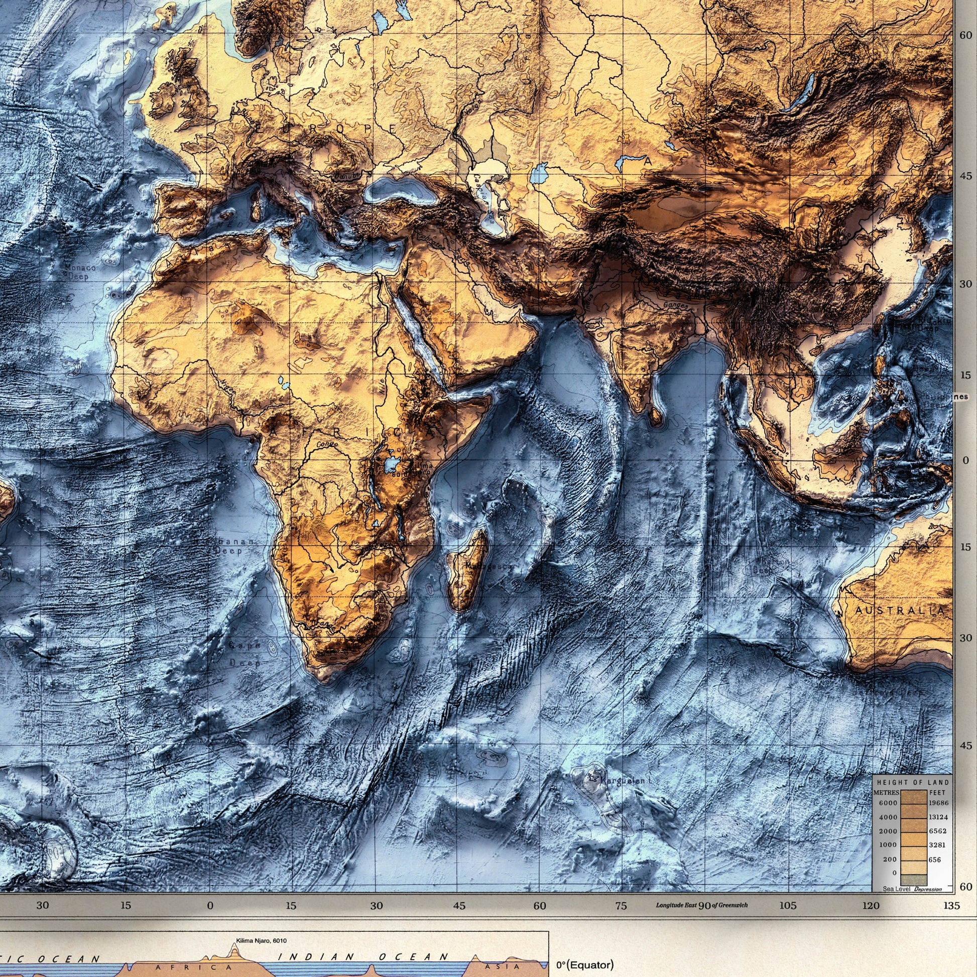 World Bathymetry - Shaded Relief Map - Detailed Topography - Vintage Poster - World Topography including Ocean Floor - Wall Art Print