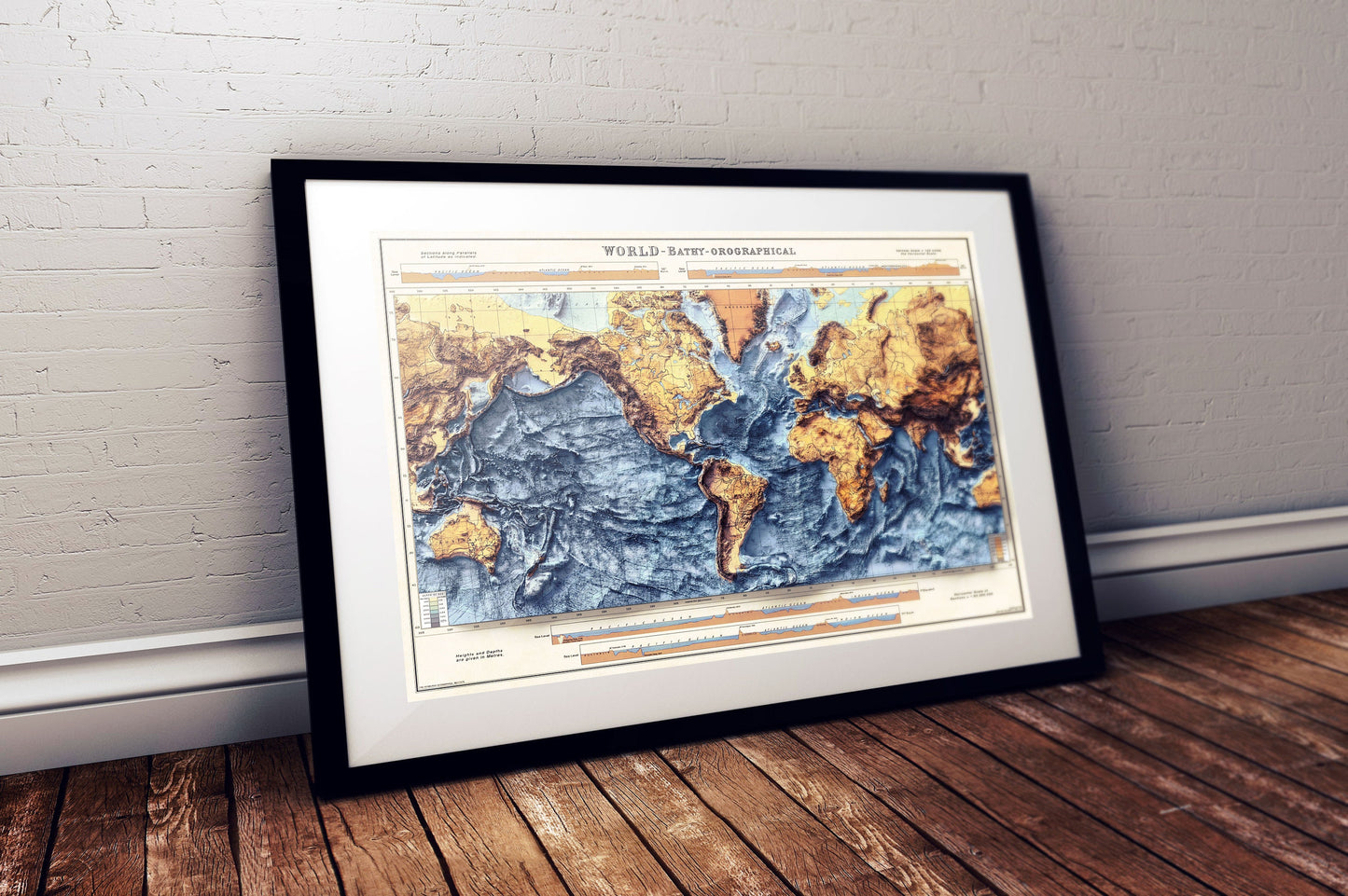 World Bathymetry - Shaded Relief Map - Detailed Topography - Vintage Poster - World Topography including Ocean Floor - Wall Art Print