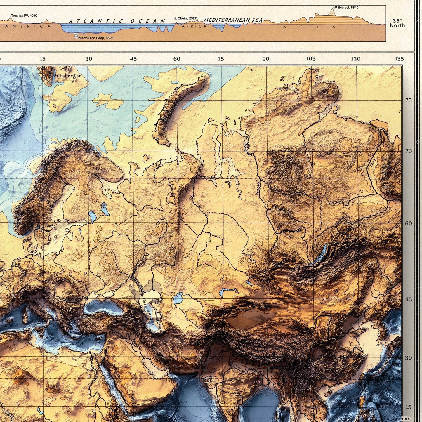 World Bathymetry - Shaded Relief Map - Detailed Topography - Vintage Poster - World Topography including Ocean Floor - Wall Art Print