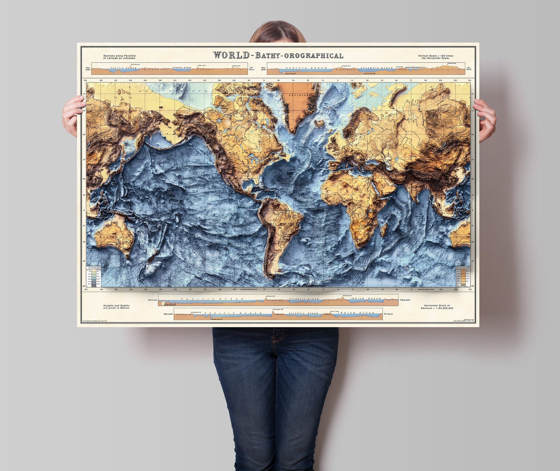 World Bathymetry - Shaded Relief Map - Detailed Topography - Vintage Poster - World Topography including Ocean Floor - Wall Art Print