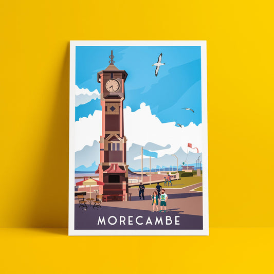 Morecambe Print | Clock Tower Promenade | English Travel Poster | England illustrated art poster | Travel Prints UK | Wall Decoration