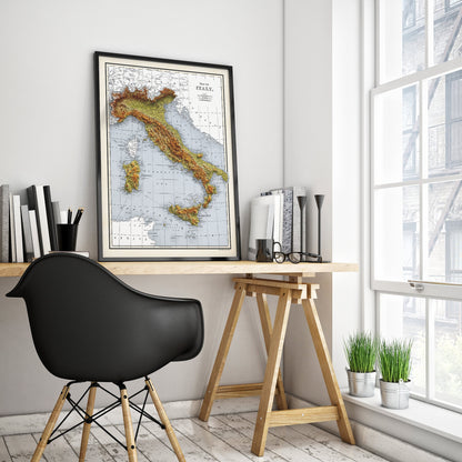 Italy Map - 1894 Vintage Italy Shaded Relief Map - 3D Illusion - Lombardy - Emilia - Rome - Corsica - Tuscany - Latium - Campania - Sardinia