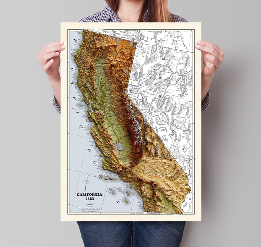 California Map - 1883 Vintage California Shaded Relief Map - 3D Illusion - Modoc - Tehama - Delnorte - Colusa - Menoocino - San Bernardino