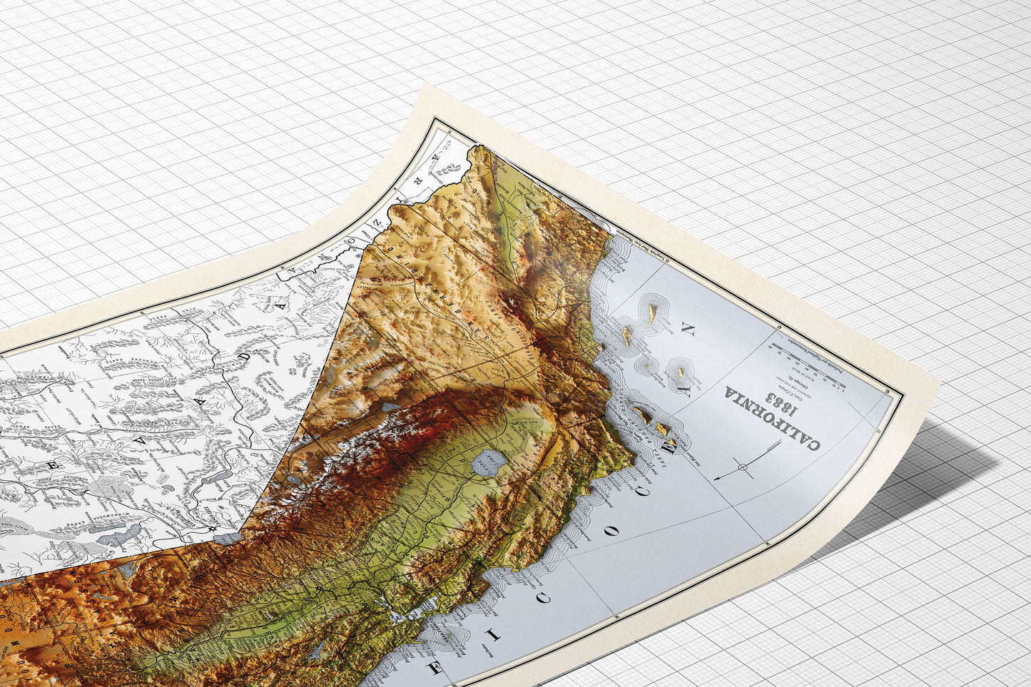 California Map - 1883 Vintage California Shaded Relief Map - 3D Illusion - Modoc - Tehama - Delnorte - Colusa - Menoocino - San Bernardino