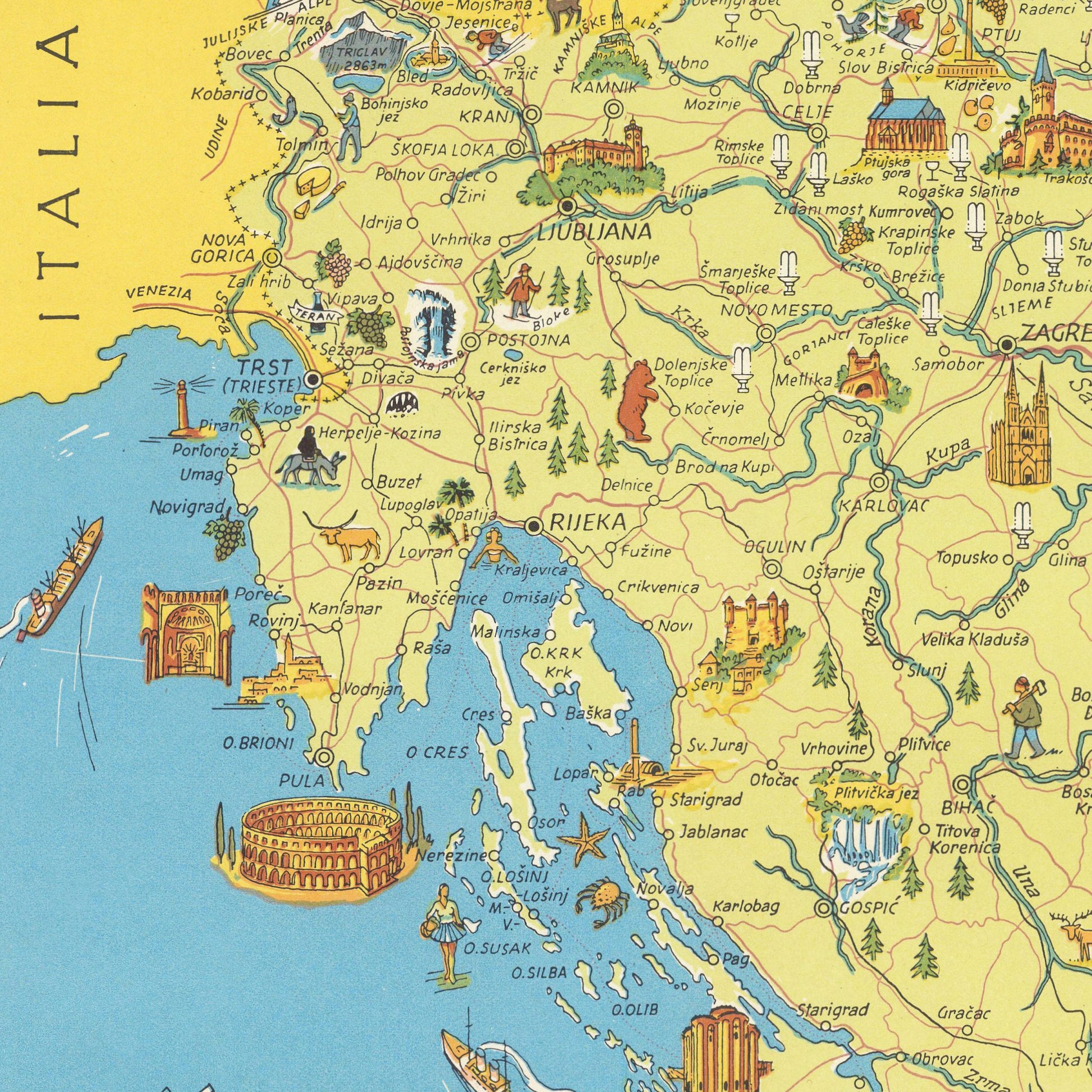 Jugoslavia Map - Vintage reproduction of 1954 Jugoslavija Print - Rijeka - Ljubljana - Zagreb - Sarajevo - Titograd - Skopje - Subotica