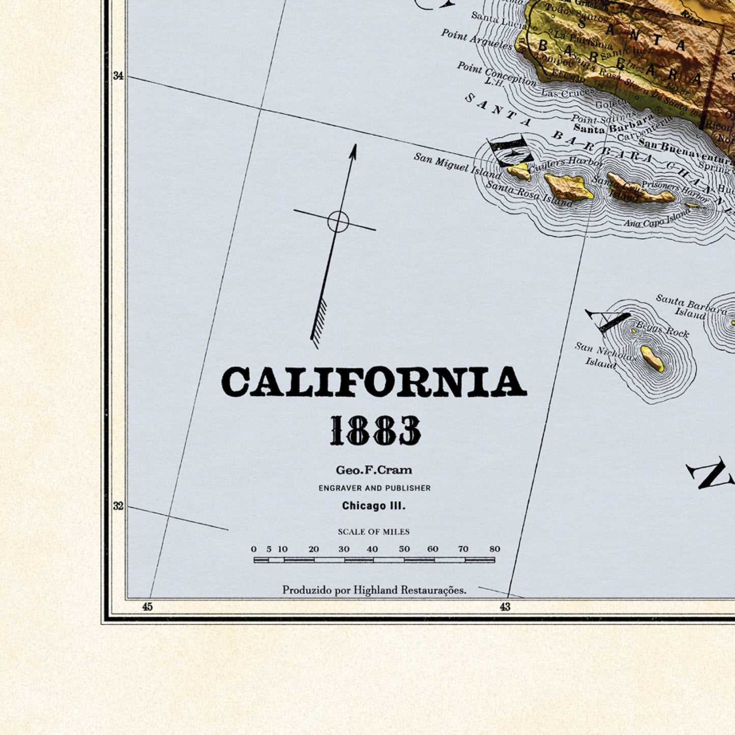 California Map - 1883 Vintage California Shaded Relief Map - 3D Illusion - Modoc - Tehama - Delnorte - Colusa - Menoocino - San Bernardino