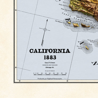 California Map - 1883 Vintage California Shaded Relief Map - 3D Illusion - Modoc - Tehama - Delnorte - Colusa - Menoocino - San Bernardino