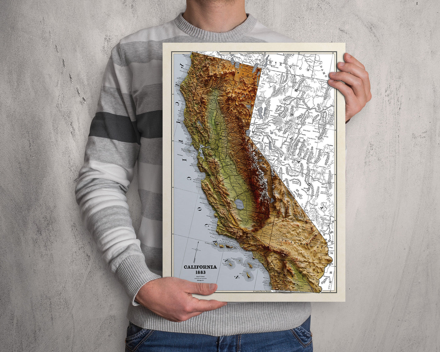 California Map - 1883 Vintage California Shaded Relief Map - 3D Illusion - Modoc - Tehama - Delnorte - Colusa - Menoocino - San Bernardino