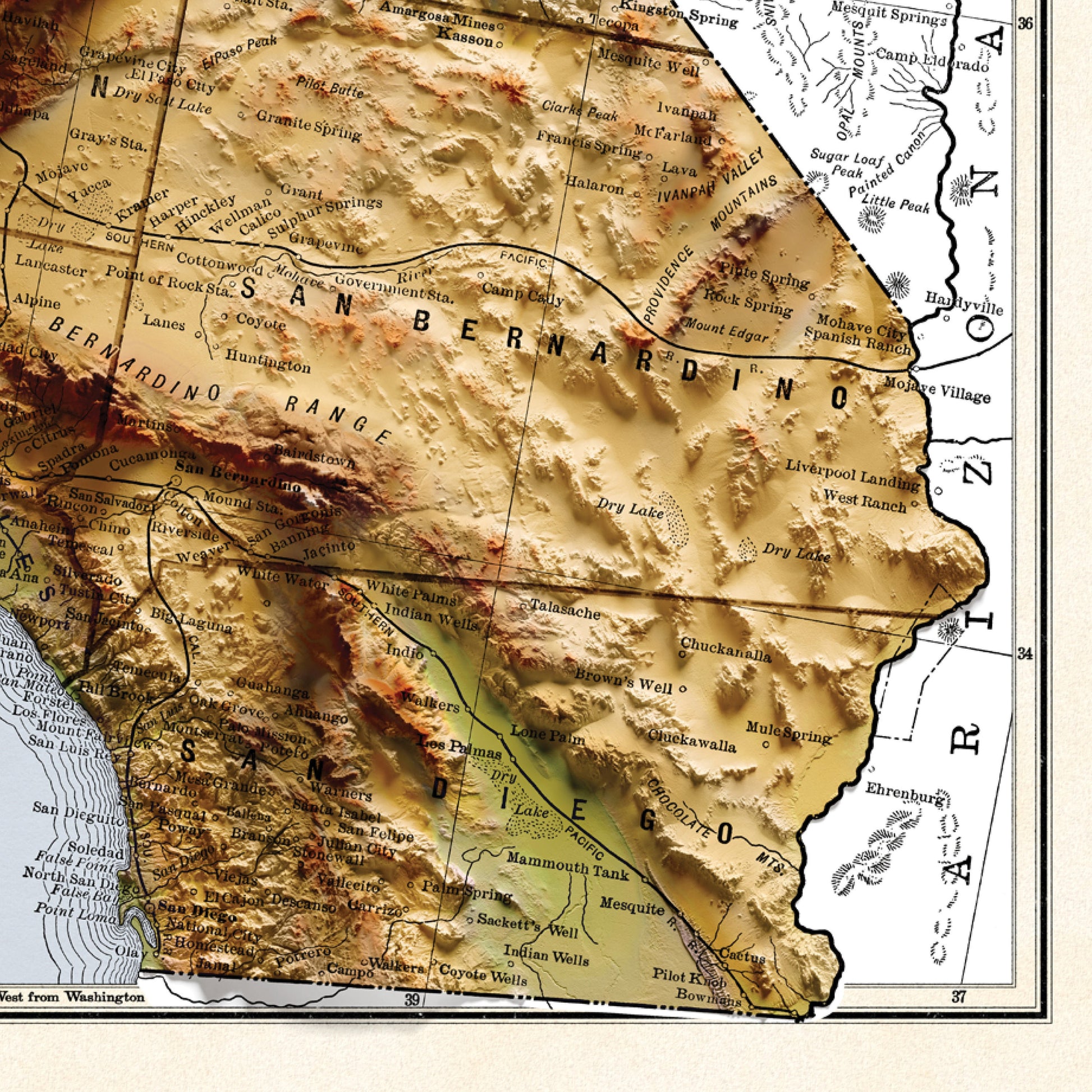 California Map - 1883 Vintage California Shaded Relief Map - 3D Illusion - Modoc - Tehama - Delnorte - Colusa - Menoocino - San Bernardino