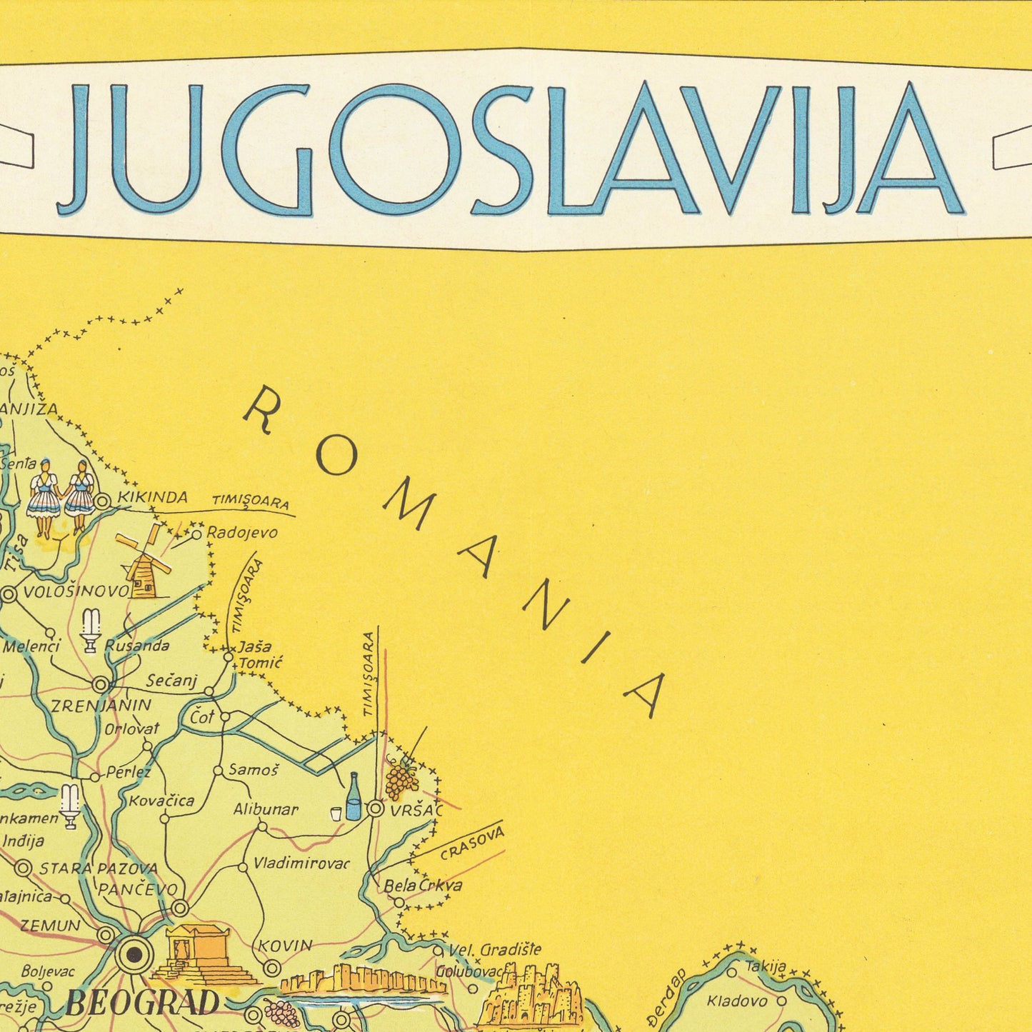 Jugoslavia Map - Vintage reproduction of 1954 Jugoslavija Print - Rijeka - Ljubljana - Zagreb - Sarajevo - Titograd - Skopje - Subotica