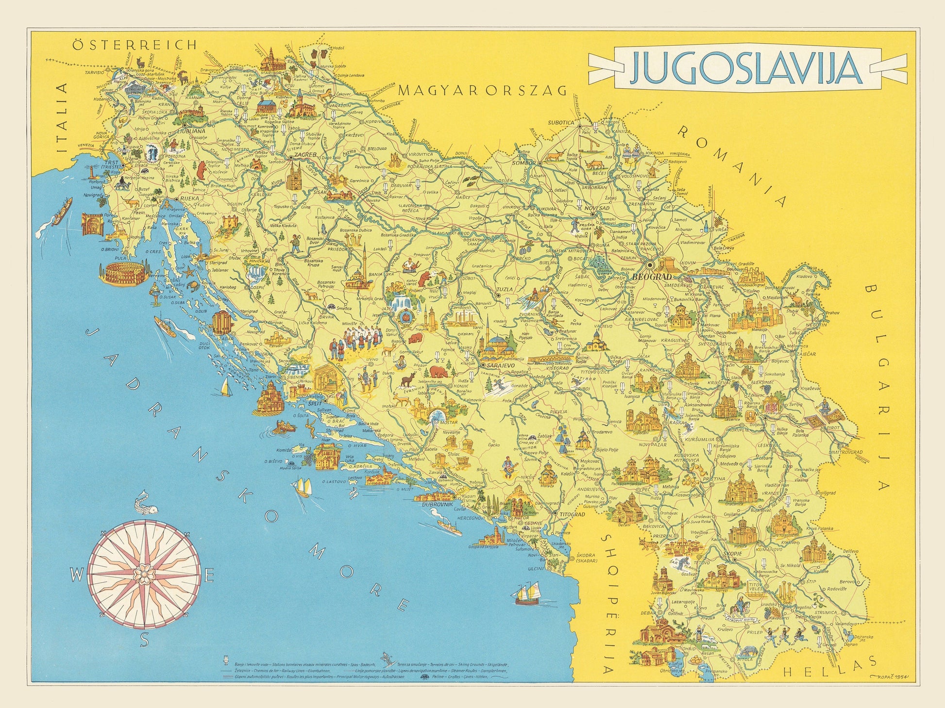 Jugoslavia Map - Vintage reproduction of 1954 Jugoslavija Print - Rijeka - Ljubljana - Zagreb - Sarajevo - Titograd - Skopje - Subotica