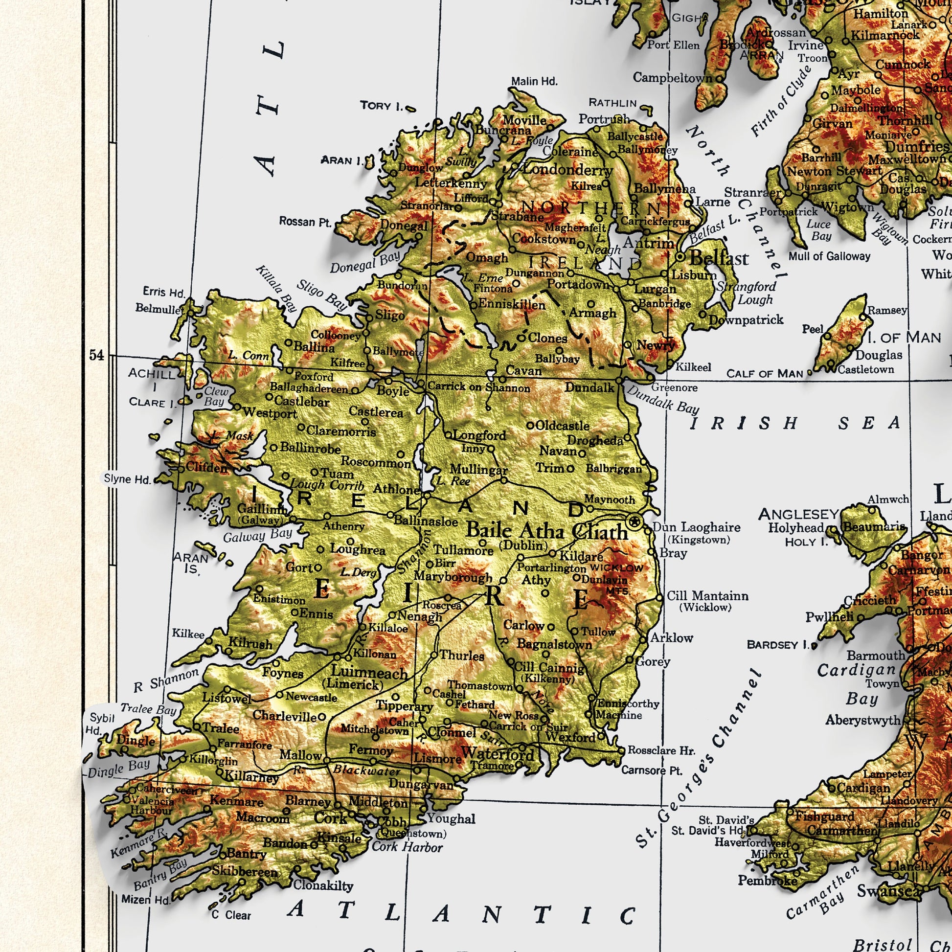 British Isles Map - 1943 - 2D shaded relief - United Kingdom - England - Ireland - Wales - Ireland - Northern Island - Wall Art