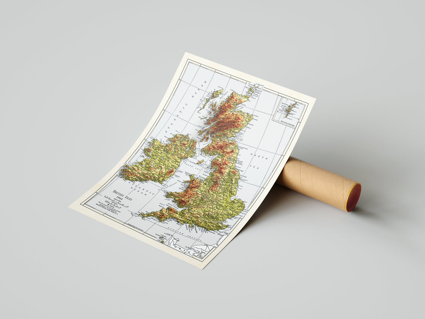 British Isles Map - 1943 - 2D shaded relief - United Kingdom - England - Ireland - Wales - Ireland - Northern Island - Wall Art