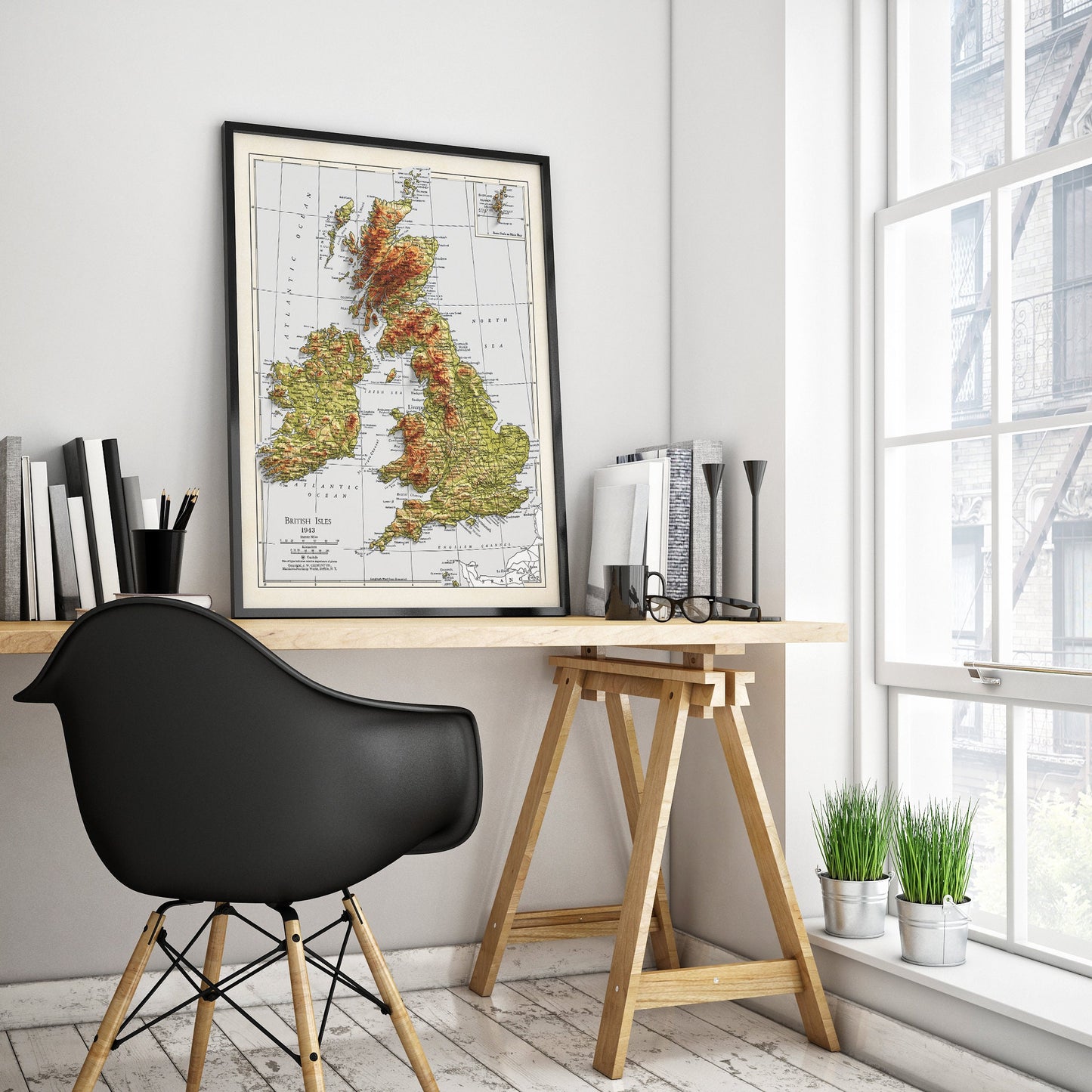 British Isles Map - 1943 - 2D shaded relief - United Kingdom - England - Ireland - Wales - Ireland - Northern Island - Wall Art