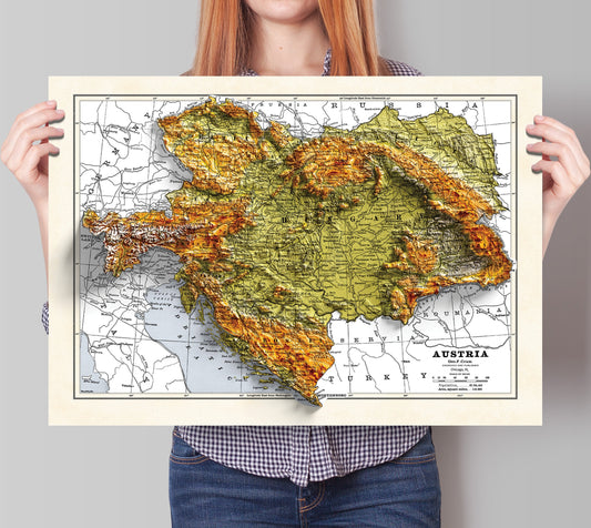 Austria Map - 2D Shaded relief Map with 3D effect - Bartholomew Print - Austro Hungarian Empire poster - Bohemia - Hungary - Galicia