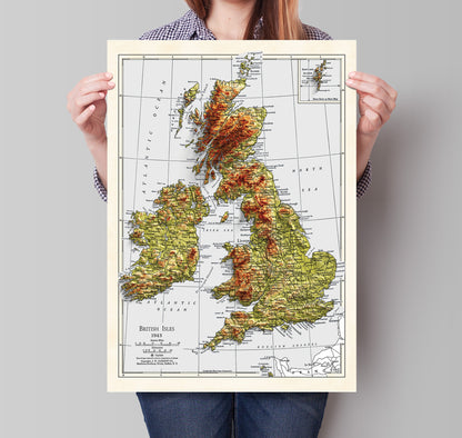 British Isles Map - 1943 - 2D shaded relief - United Kingdom - England - Ireland - Wales - Ireland - Northern Island - Wall Art