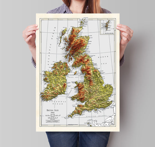 British Isles Map - 1943 - 2D shaded relief - United Kingdom - England - Ireland - Wales - Ireland - Northern Island - Wall Art