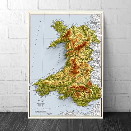 Wales Map - Cymru Elevation Map - 1872 - 2D Welsh Vintage Poster - 3D effect shaded relief Print