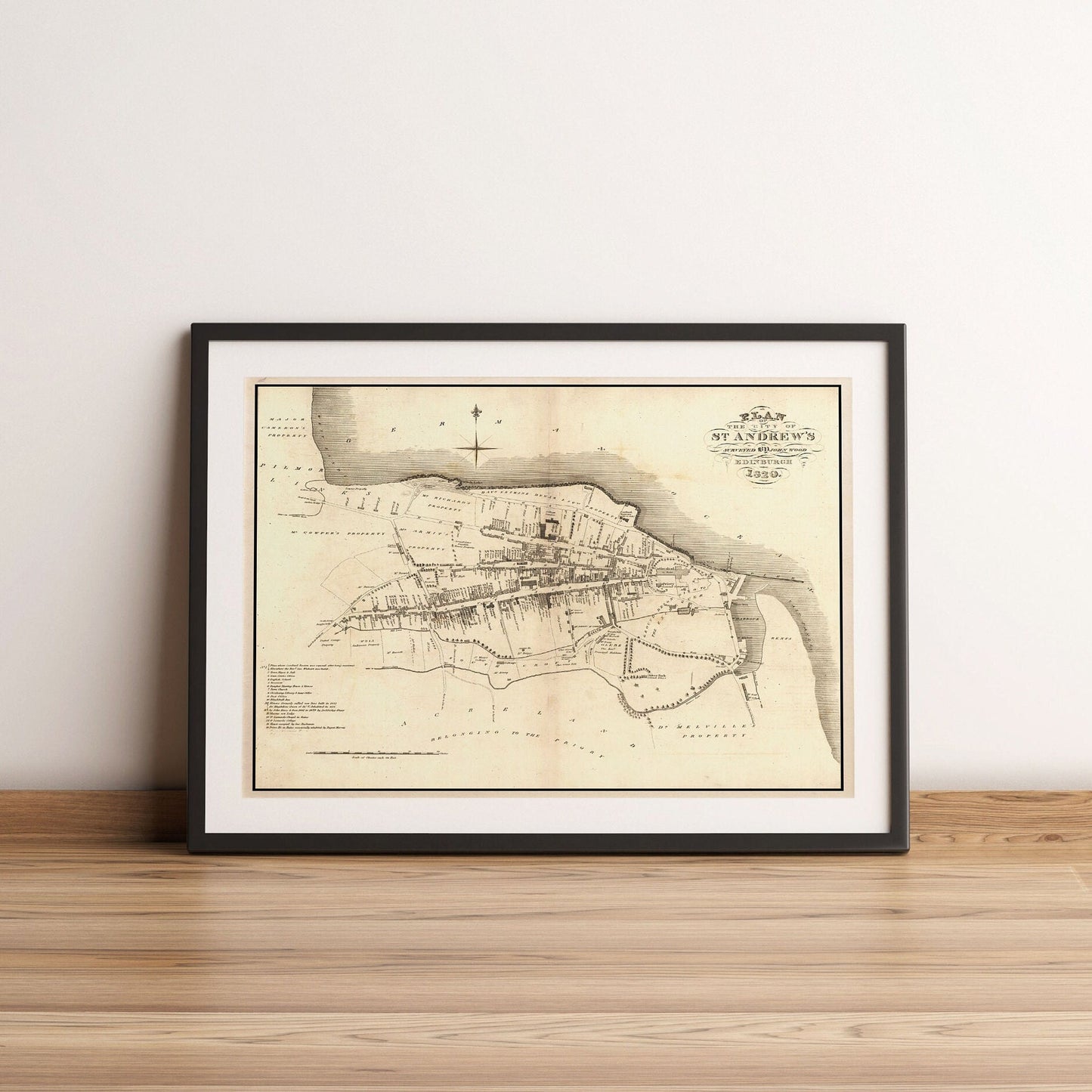 Old Map of St. Andrews | Ancient Scottish Map | Fine Art Print | Antique town survey by John Wood, St Andrews University, from 1820