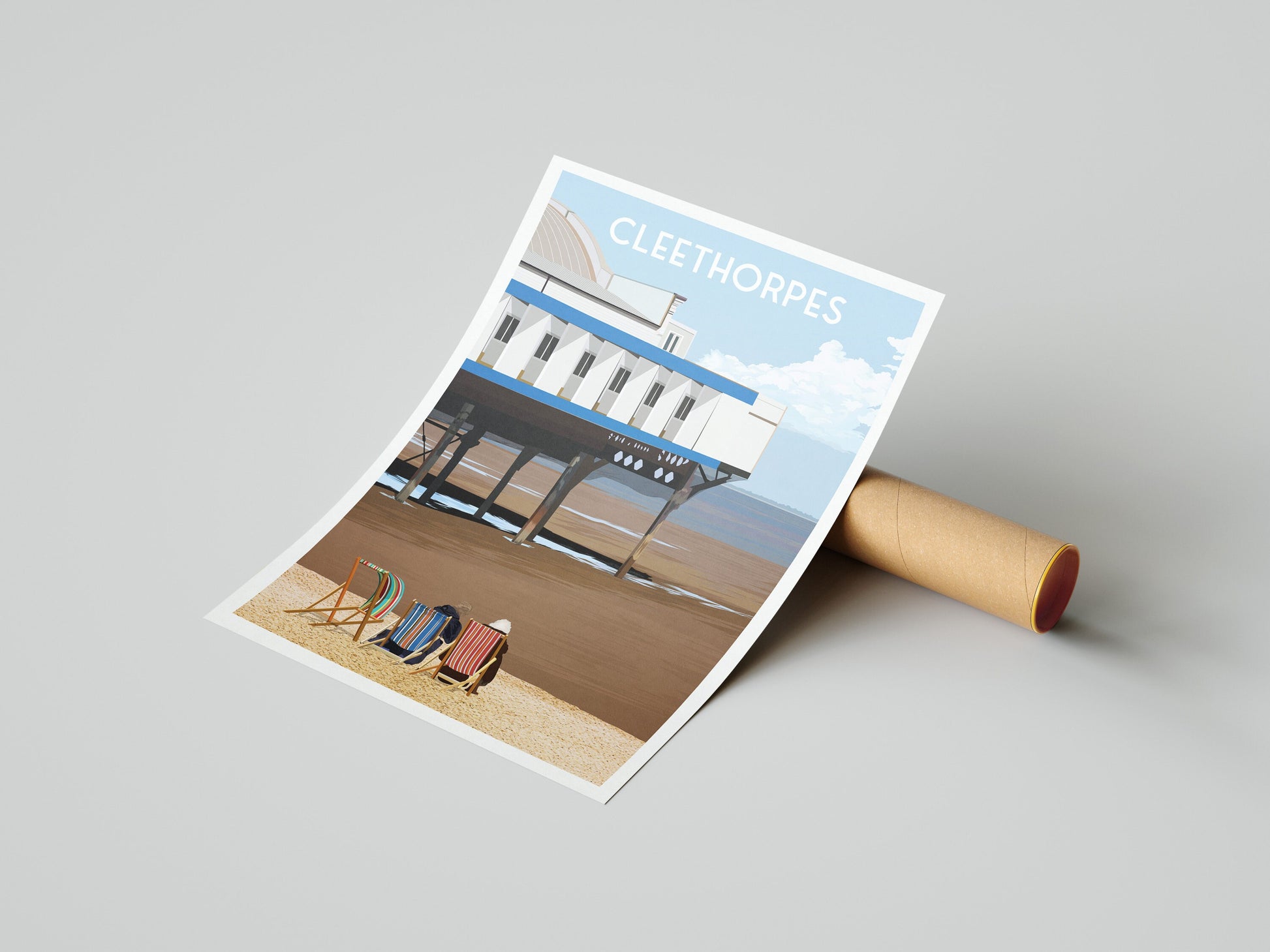 Cleethorpes Print - Deck Chairs at the Pier - England Travel Poster - North East Lincolnshire - Coastal Wall Art - A3, A2, A1 Sizes