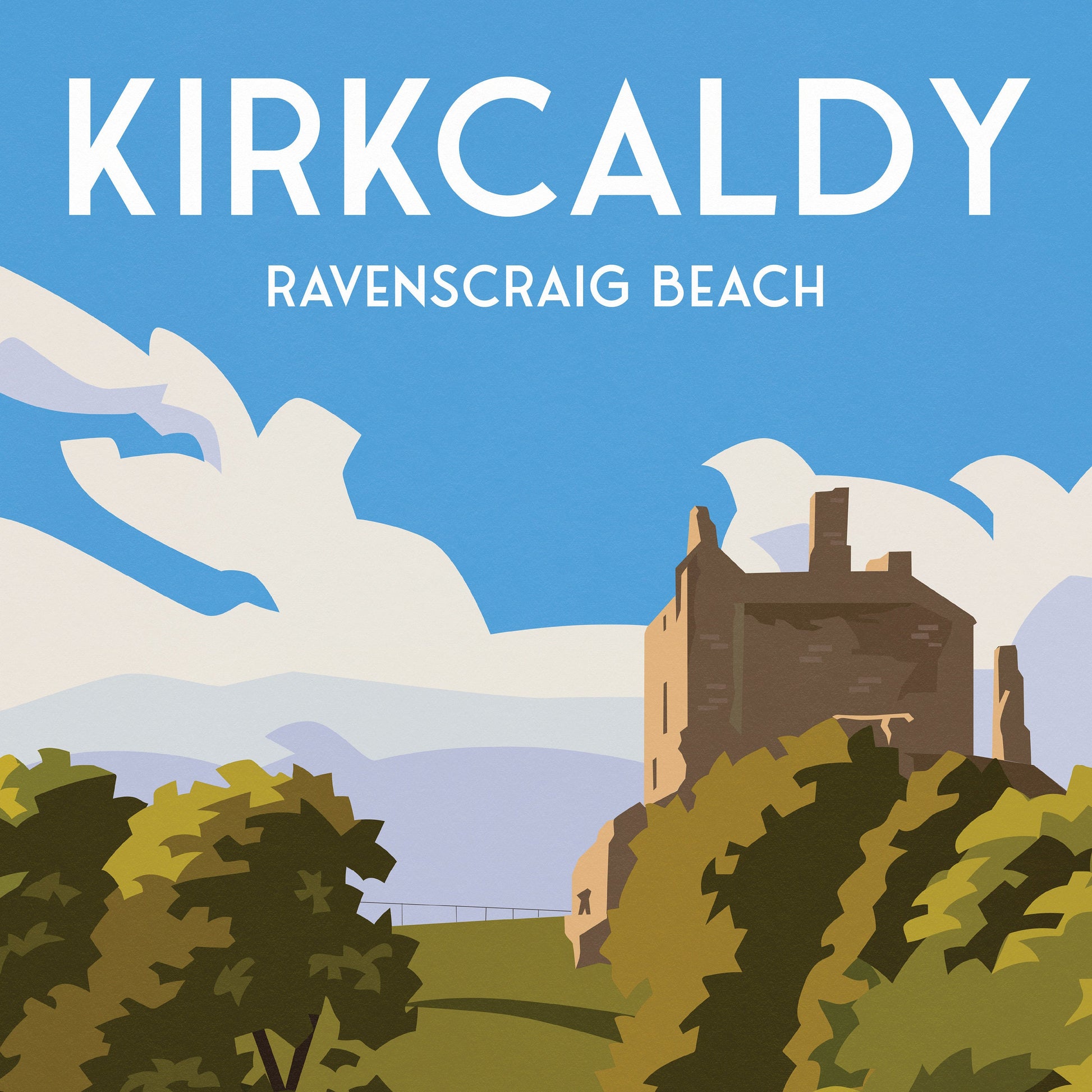 Kirkcaldy Print - Ravenscraig Beach and Castle - East Neuk - Fife Coastal Path - Travel Poster - Scotland