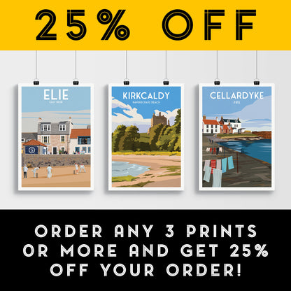 Kirkcaldy Print - Ravenscraig Beach and Castle - East Neuk - Fife Coastal Path - Travel Poster - Scotland