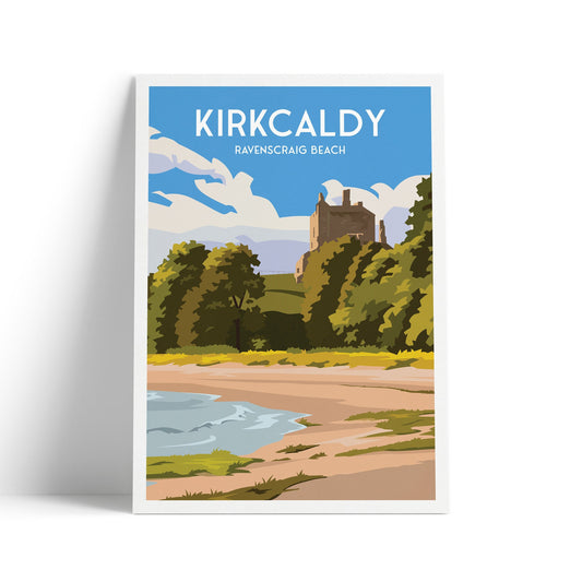 Kirkcaldy Print - Ravenscraig Beach and Castle - East Neuk - Fife Coastal Path - Travel Poster - Scotland