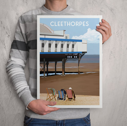 Cleethorpes Print - Deck Chairs at the Pier - England Travel Poster - North East Lincolnshire - Coastal Wall Art - A3, A2, A1 Sizes
