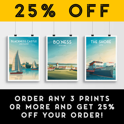 Bo'Ness Print, Scotland Travel Poster, Borrowstounness Illustration, Wall Decor, Firth of Forth, Lothian