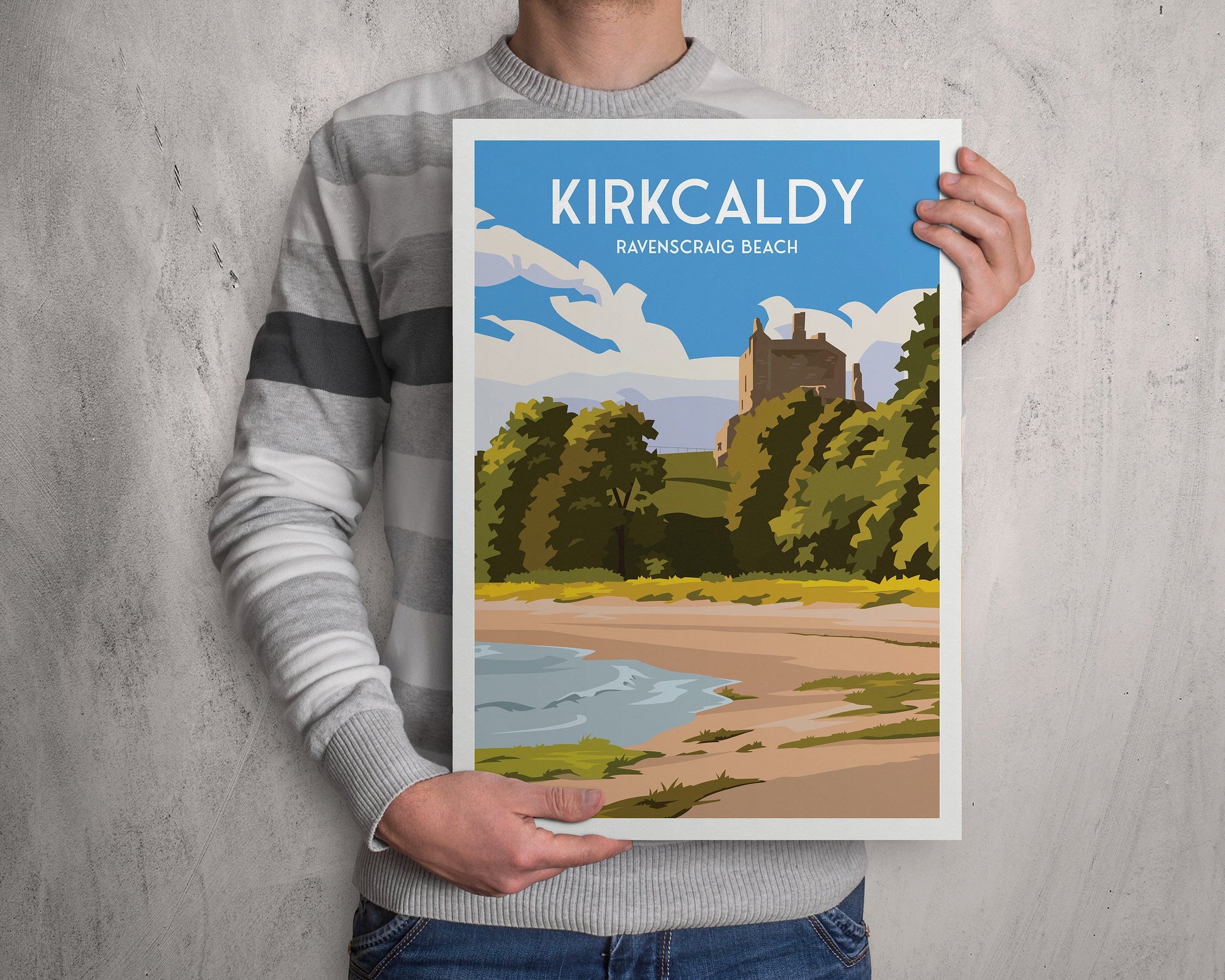 Kirkcaldy Print - Ravenscraig Beach and Castle - East Neuk - Fife Coastal Path - Travel Poster - Scotland