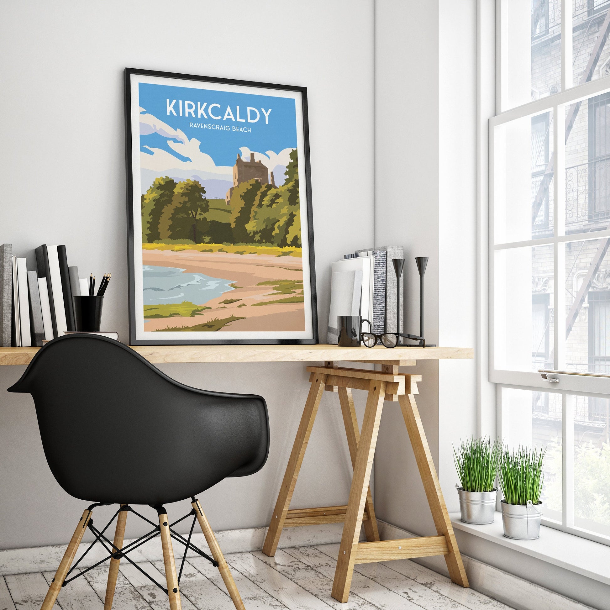 Kirkcaldy Print - Ravenscraig Beach and Castle - East Neuk - Fife Coastal Path - Travel Poster - Scotland