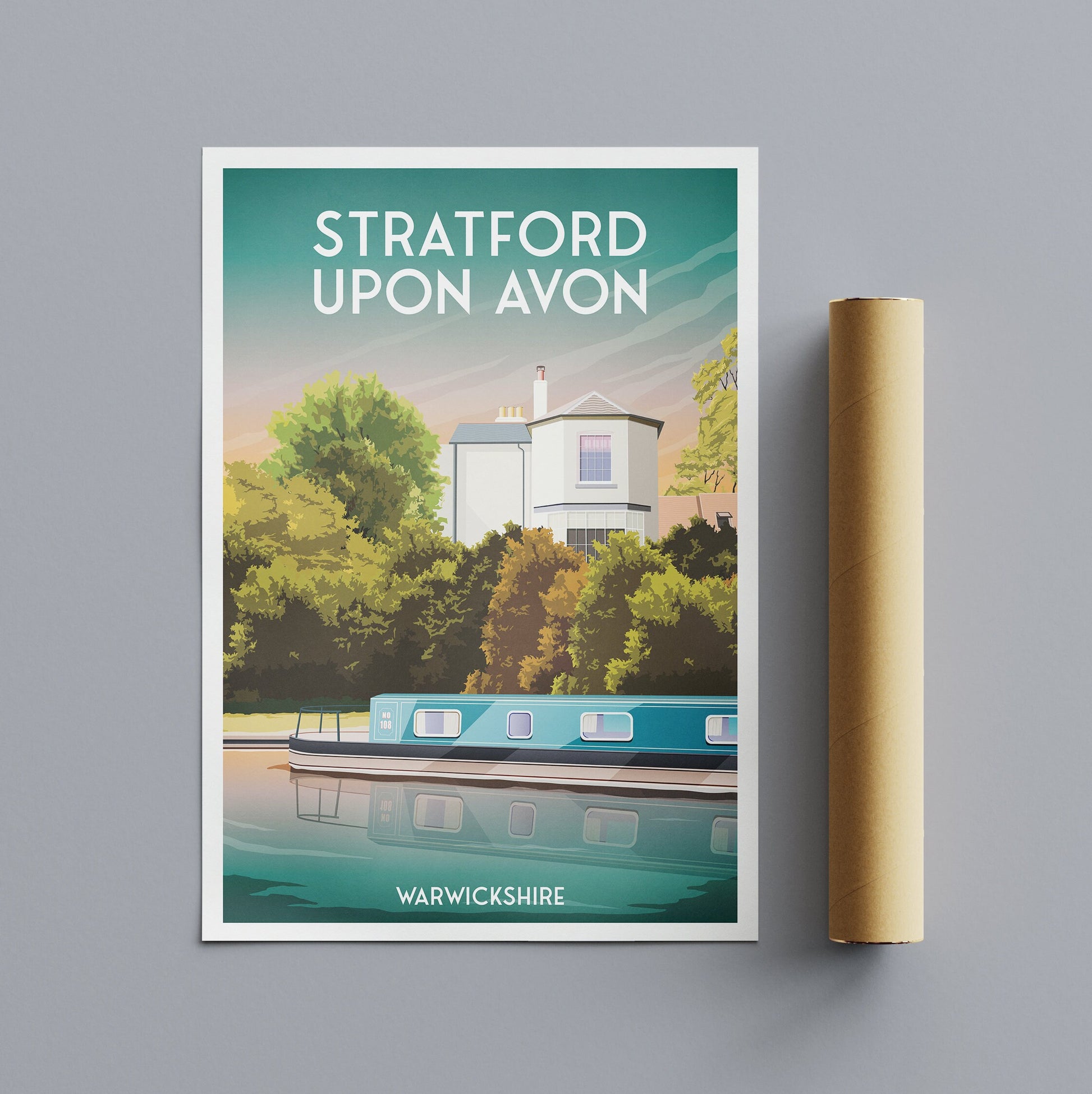Stratford Upon Avon Print | Canal | Narrowboat | England | Travel Poster