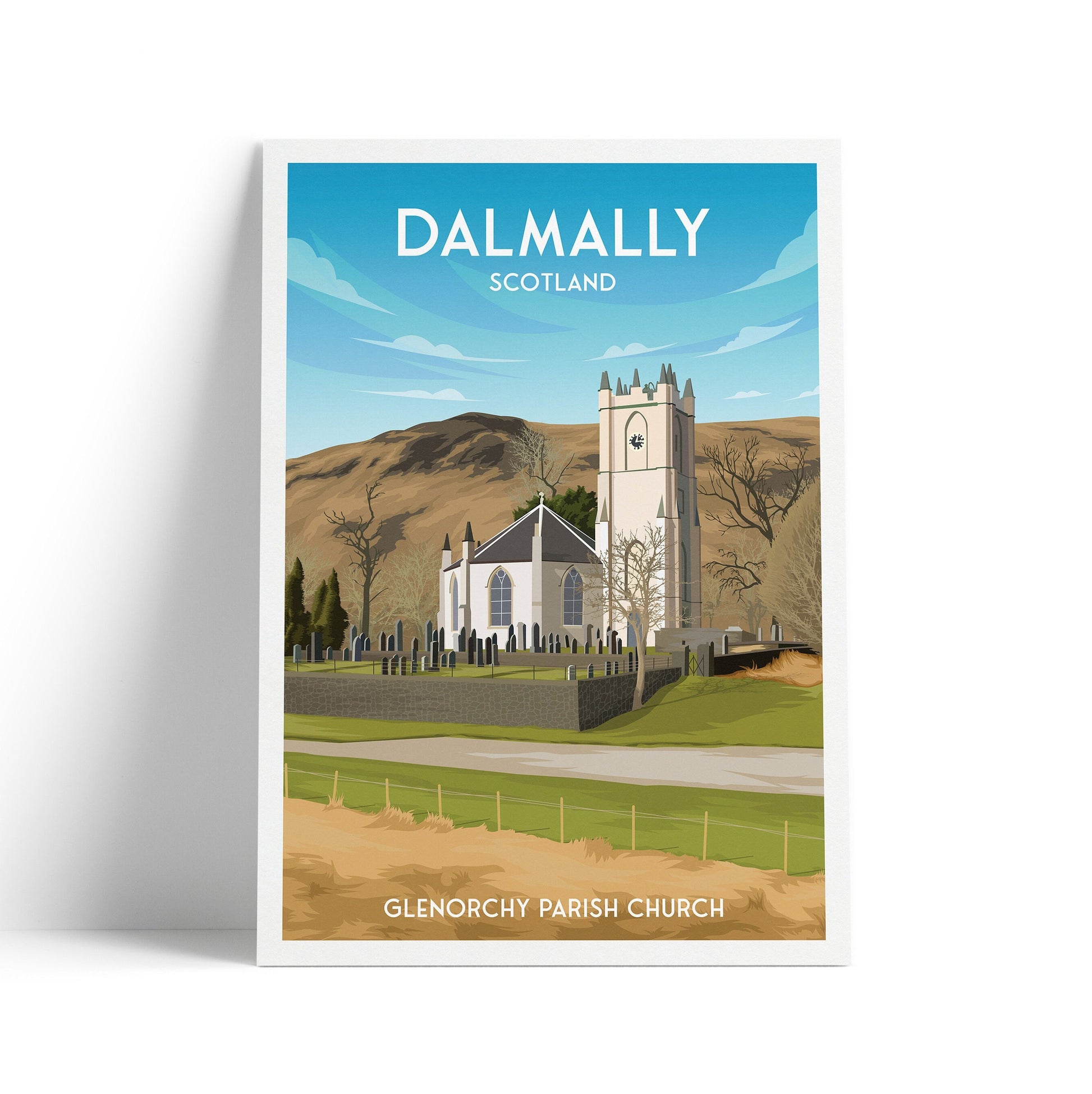 Dalmally Print - Travel Poster - Argyll and Bute - Glenorchy Parish Church - Scotland