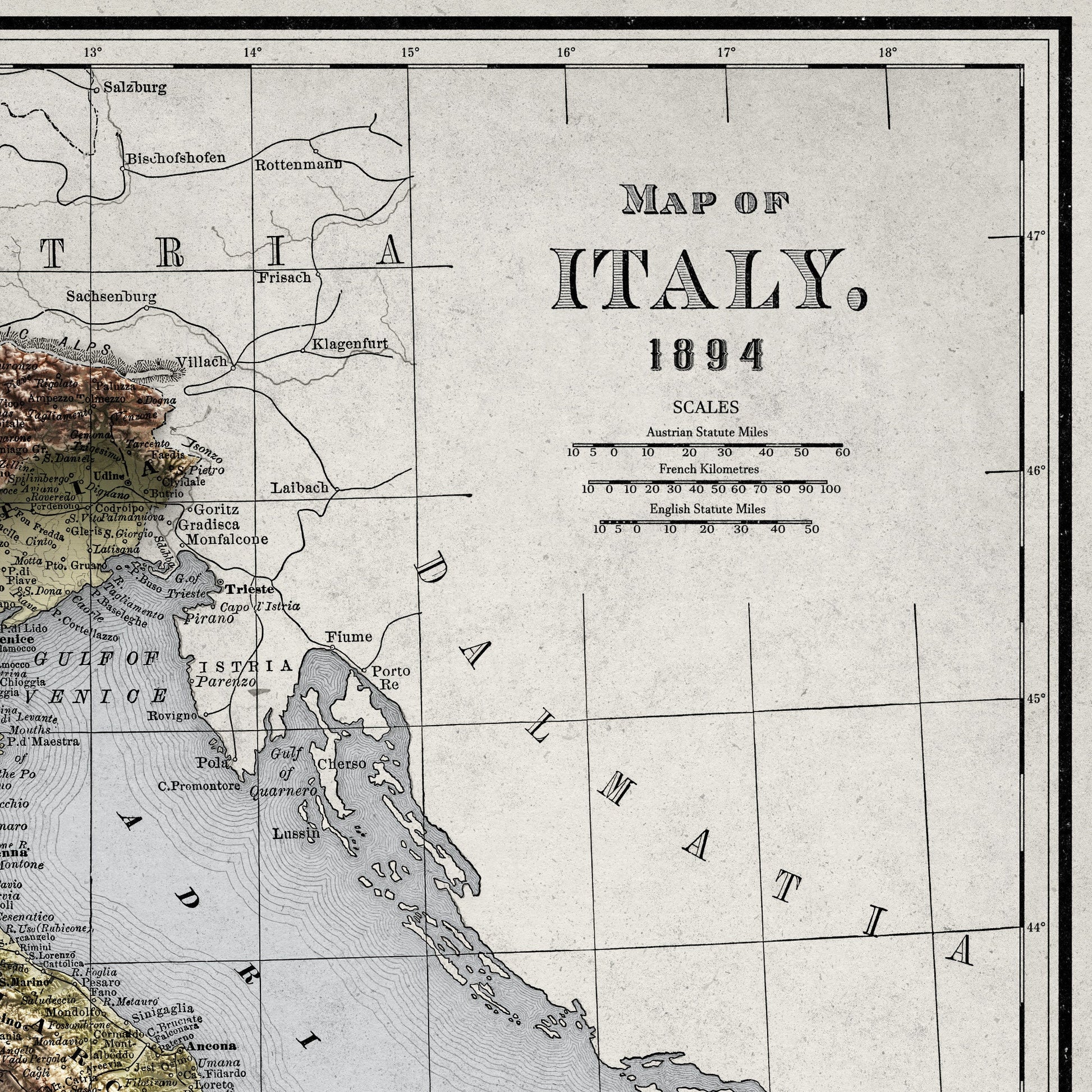 Italy Map - 1894 Vintage Italy Shaded Relief Map - Lombardy - Emilia - Rome - Corsica - Tuscany - Latium - Campania - Sardinia