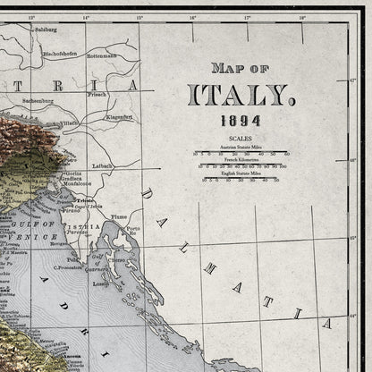 Italy Map - 1894 Vintage Italy Shaded Relief Map - Lombardy - Emilia - Rome - Corsica - Tuscany - Latium - Campania - Sardinia