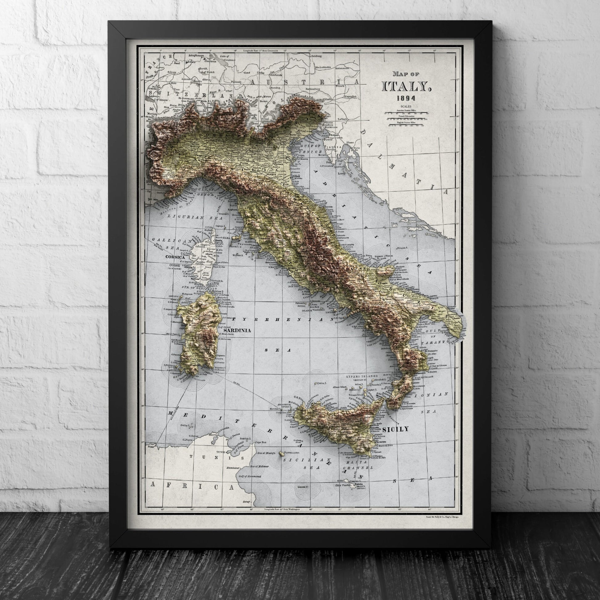 Italy Map - 1894 Vintage Italy Shaded Relief Map - Lombardy - Emilia - Rome - Corsica - Tuscany - Latium - Campania - Sardinia