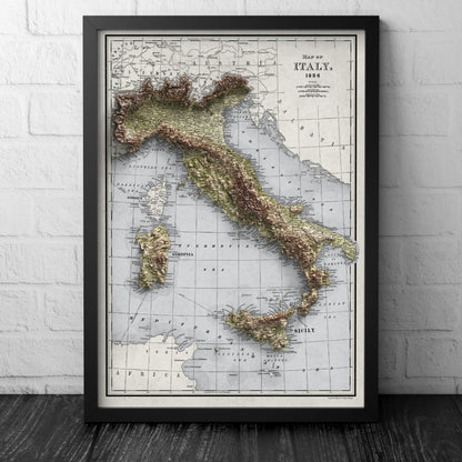 Italy Map - 1894 Vintage Italy Shaded Relief Map - Lombardy - Emilia - Rome - Corsica - Tuscany - Latium - Campania - Sardinia