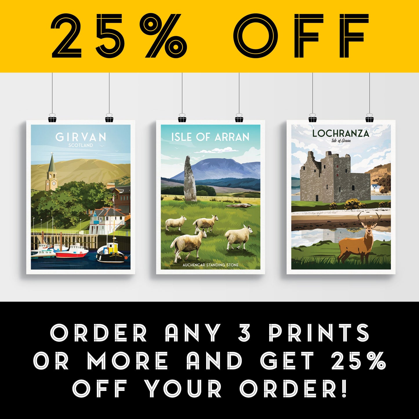 Isle of Arran Travel Poster with Auchencar Druid Standing Stone - Available in A3, A2, A1 Sizes