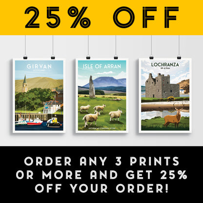 Isle of Arran Travel Poster with Auchencar Druid Standing Stone - Available in A3, A2, A1 Sizes