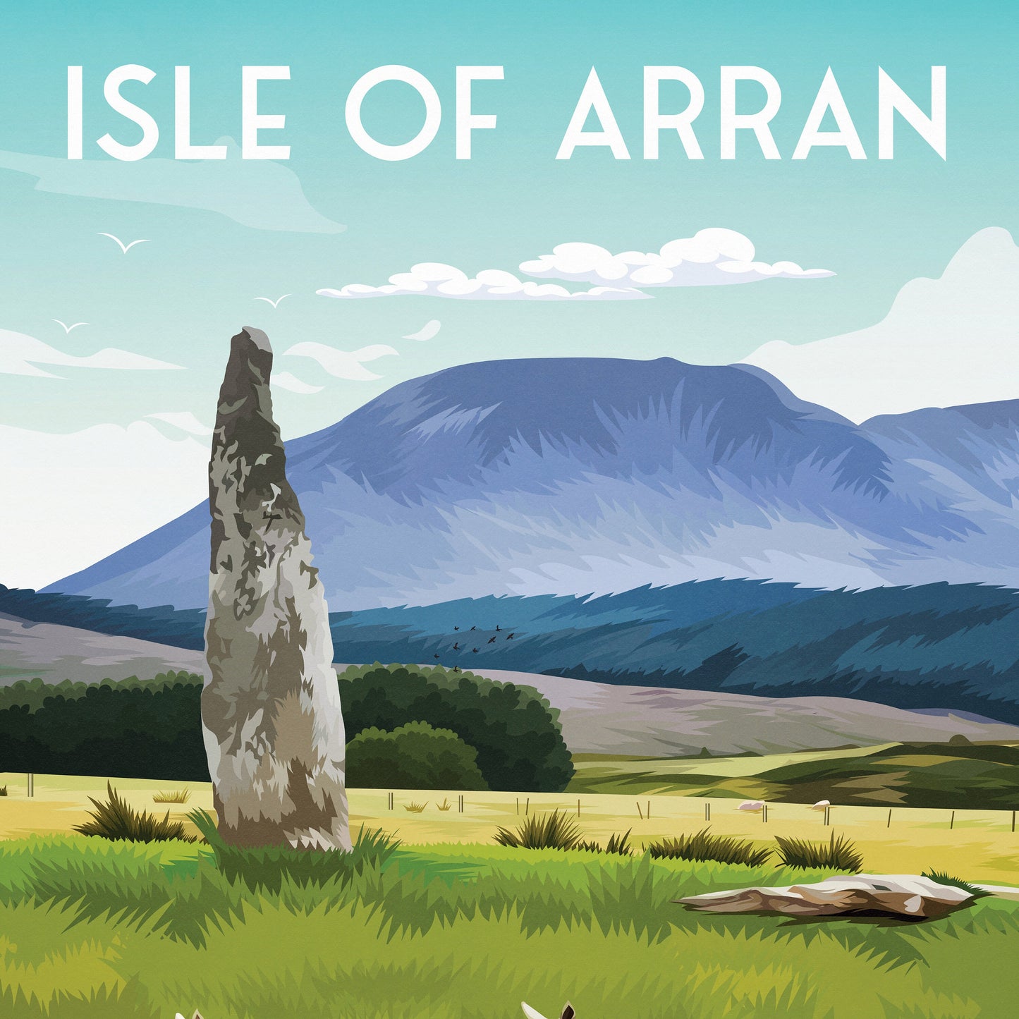 Isle of Arran Travel Poster with Auchencar Druid Standing Stone - Available in A3, A2, A1 Sizes