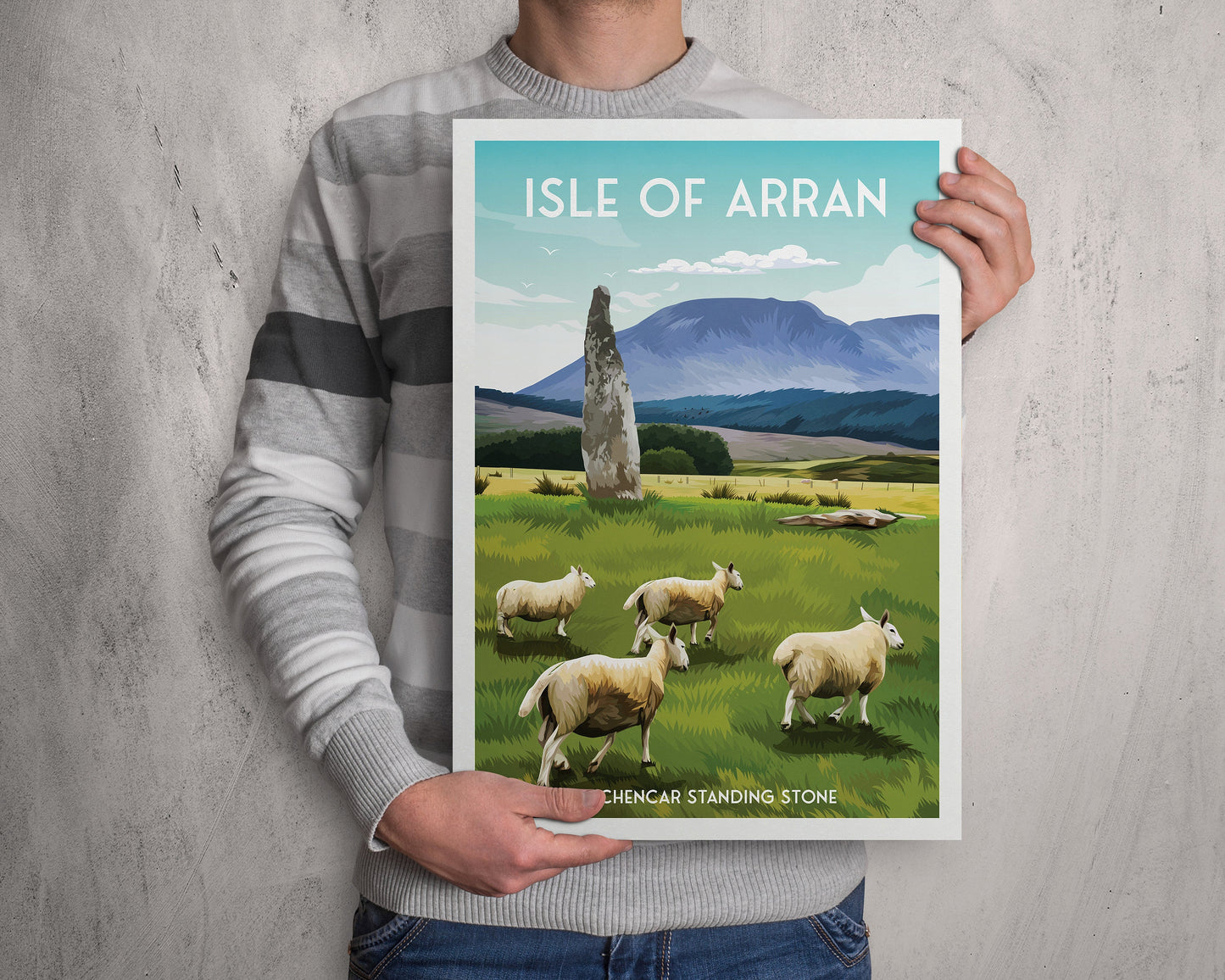 Isle of Arran Travel Poster with Auchencar Druid Standing Stone - Available in A3, A2, A1 Sizes