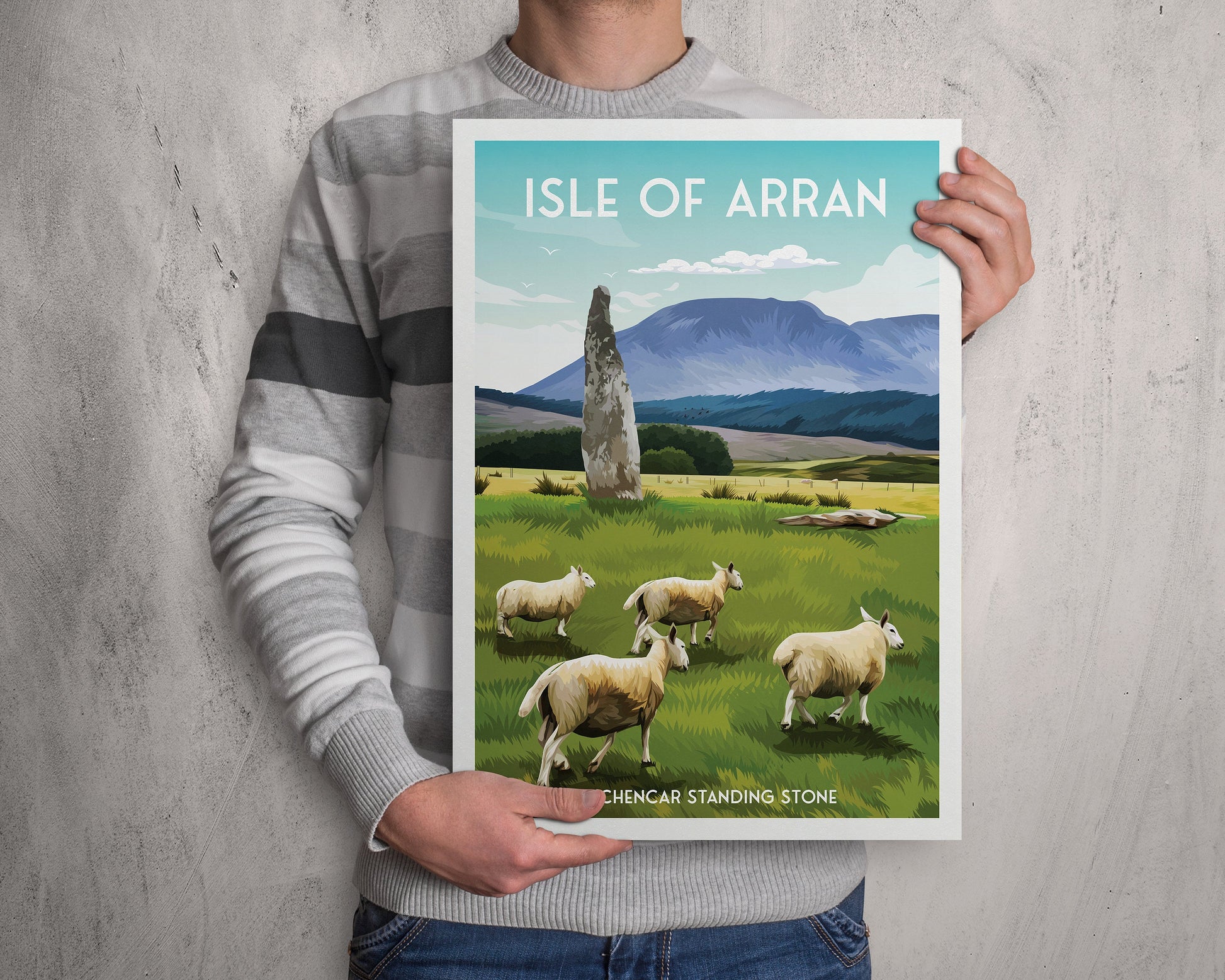 Isle of Arran Travel Poster with Auchencar Druid Standing Stone - Available in A3, A2, A1 Sizes
