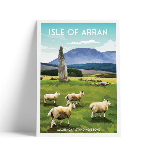 Isle of Arran Travel Poster with Auchencar Druid Standing Stone - Available in A3, A2, A1 Sizes
