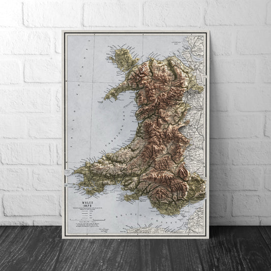 Wales Map - Vintage Cymru Elevation Map - 1872 - 2D Welsh Poster - 3D effect shaded relief Print