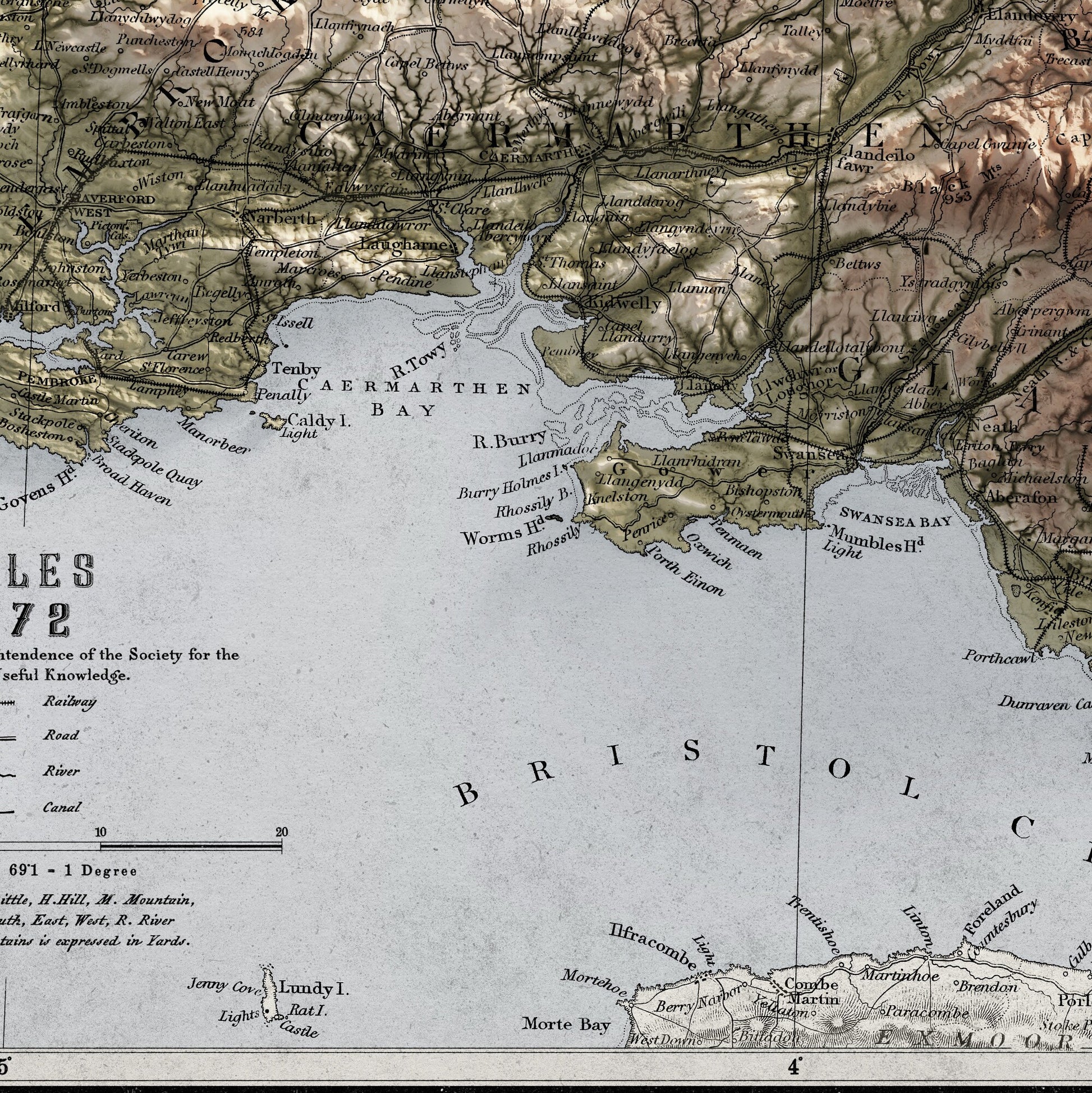 Wales Map - Vintage Cymru Elevation Map - 1872 - 2D Welsh Poster - 3D effect shaded relief Print